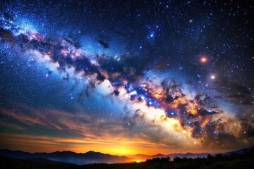 Fototapeta premium Celestial night sky with distant stars and a large galaxy in the background, astronomy, space scene, deep space