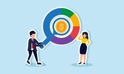 A businessman with a magnifying glass examining a circle diagram marked with a dollar coin next to a businesswoman, illustrating analysis of business revenue growth