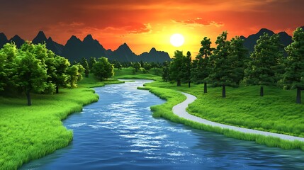 Serene Sunset Landscape with Winding River Path