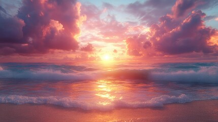 Fototapeta premium Serene sunset over ocean waves with colorful clouds.