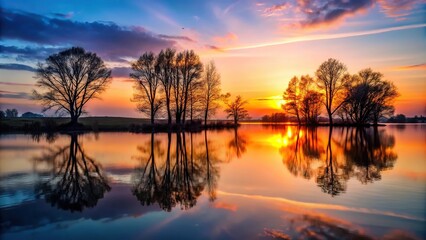 Obraz premium Atmospheric sunset landscape with silhouetted trees and a serene lake, forest, golden hour, water, outdoor
