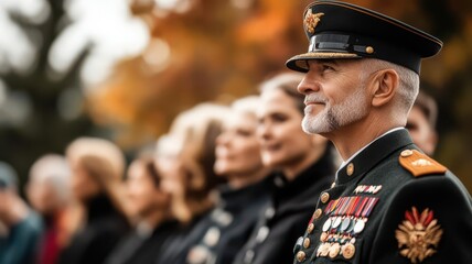 Veteran in ceremonial uniform, proudly standing with community members on Veterans Day