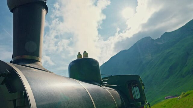 Train of cogwheel , tourist train, of Swiss alps and lake Brienz, Close up. Brienzer Rothorn