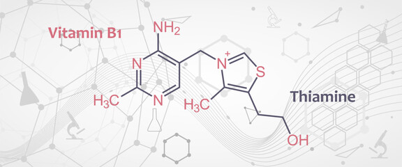 Structure chemical formula of thiamine also known as thiamin and vitamin B1, is a vitamin, an essential micronutrient for humans and animals. Illustration concept for basic chemistry education.