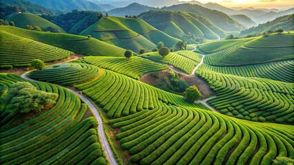Fototapeta premium Aerial view of serene mountain tea farms with freshly harvested dew green tea leaves