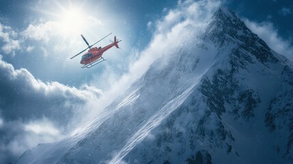 Fototapeta na wymiar A rescue helicopter approaching a mountain peak during a snowstorm,