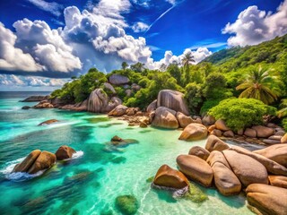 Stunning Portrait Photography of Seychelles Coastline: Tropical Paradise with Crystal Clear Waters, Lush Greenery, and Dramatic Rock Formations for Travel and Nature Enthusiasts