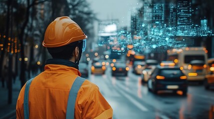 Engineer monitoring traffic flow in a smart city, adjusting autonomous vehicle systems to improve efficiency.