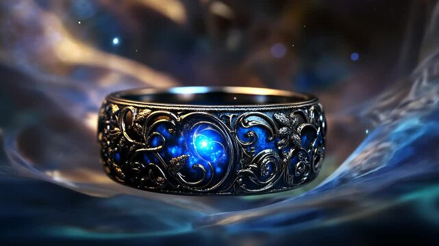 A silver ring with an intricate design and a glowing blue gem rests on a soft blue surface