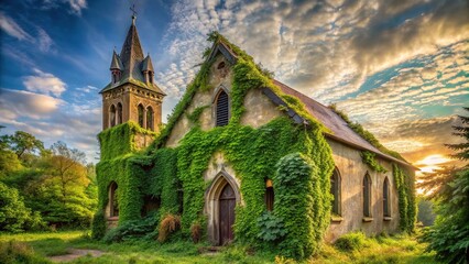 Fototapeta premium Abandoned church with ivy covered walls and a cracked steeple, haunting environment, worn stones, decaying structure, eerie atmosphere, ivy covered walls