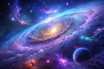 Fototapeta premium Deep space landscape featuring a large galaxy with intricate details and vibrant purple and blue nebulas, universe, gas clouds, galaxy, astronomy