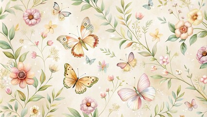 A whimsical butterfly wallpaper with hand-painted flowers and leaves in soft colors on a light beige background, nature-inspired designs, bohemian vibes
