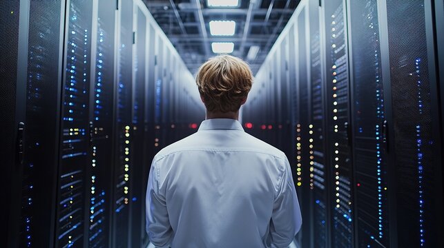 Engineer working in a data center, configuring servers and optimizing computational efficiency in a vast network setup.