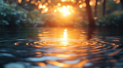 Serene sunset reflection on water with gentle ripples.