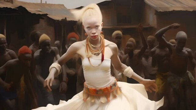  A young beautiful African albino girl joyfully dances for her dark-skinned tribespeople in a traditional village under the setting sun