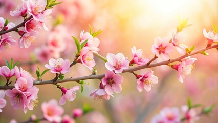 Obraz premium Delicate peach blossoms in full bloom on a serene tree branch, nature scene, soft focus, warm sunlight, spring flowers