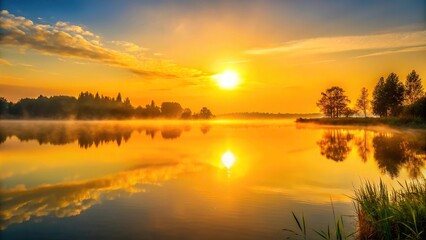 Obraz premium A stunning yellow sun rising over a peaceful lake on a calm morning, morning light, yellow sunrise