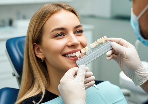 Young Woman Choosing Tooth Implant Shade at Dentist Office