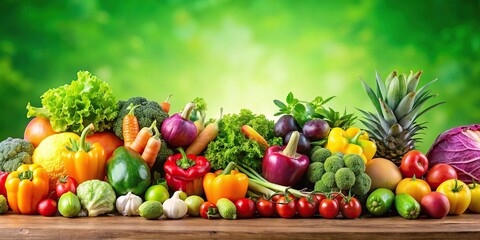 A stunning array of fresh fruits and vegetables arranged in a colorful display, with a bright green background that complements the vibrant colors of the produce, wellness, nutrition, 