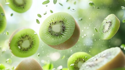 Fresh Kiwi Fruit Slices Falling in Green Background   3D Render