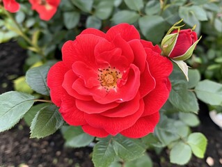 A vibrant red rose in full bloom with a budding flower nearby, showcasing natural beauty.