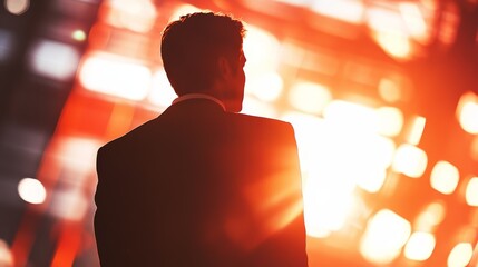 A silhouetted man in a suit stands against a vibrant, glowing background, suggesting contemplation or ambition.