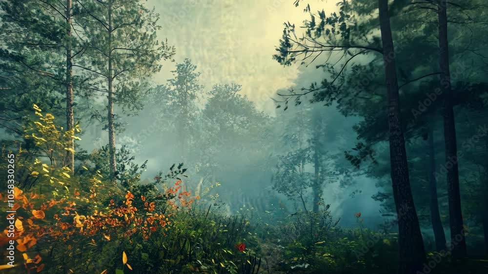Poster sunlight filters through the trees in a misty forest, creating a magical atmosphere