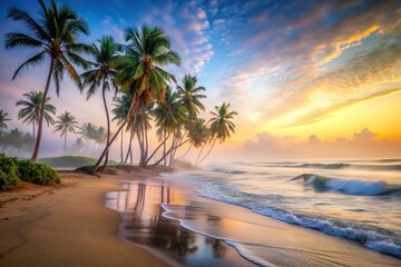 Fototapeta premium A serene beach scene at dawn with mist rising from the ocean and a few beachy palm trees swaying gently, beach scenery, calming atmosphere, early morning
