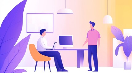Two people engaged in discussion in a modern office setting with a computer and plants.