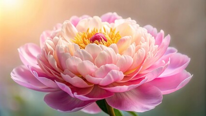 A peony flower in full bloom with delicate pink petals and a golden center, garden, rose-like