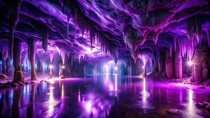 A large, dimly lit cavern filled with an endless expanse of deep purple-indigo slime that stretches from the floor to the ceiling, cavern, eerie, decaying rock, purple, mysterious