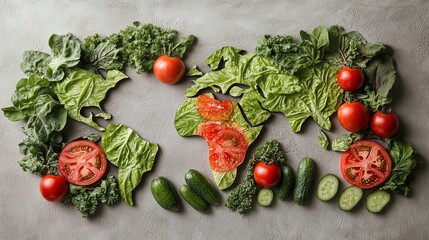 Vibrant Vegetable Continents: A Creative Culinary Artwork Featuring Leafy Greens, Tomatoes, and Cucumbers - Perfect as a Sports-Themed Poster for Nutritional Inspiration!