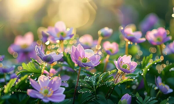 A field of delicate pink and purple Anemones, their petals glistening with morning dew in the soft light of sunrise. The background is blurred to emphasize these vibrant flowers, 
