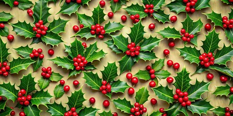 Obraz premium A festive pattern of holly leaves and berries in shades of green and red, decorative accents, colorful