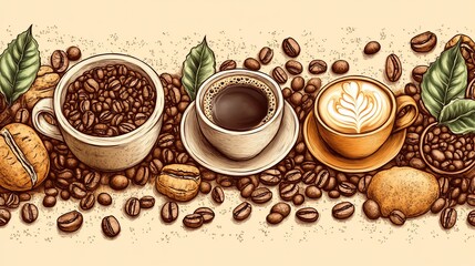 A decorative illustration of coffee beans, cups, and pastries arranged artistically.