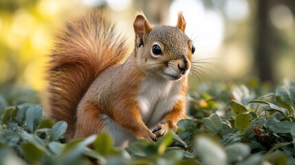 Obraz premium A cute red squirrel with a bushy tail sits in green bushes, looking curiously at the camera.