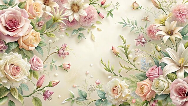 Fototapeta A delicate floral pattern featuring intricate designs of roses, lilies, and daisies in soft pastel colors against a creamy white background, daisies, cream, pattern, beige, flowers