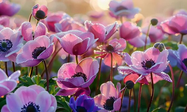 A field of delicate pink and purple Anemones, their petals glistening with morning dew in the soft light of sunrise. The background is blurred to emphasize these vibrant flowers, 