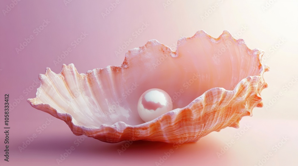 Poster a pearl nestled in a pink shell on a soft gradient background.