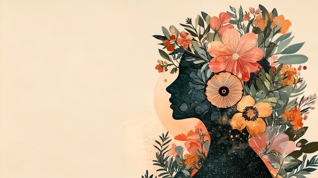Vibrant Floral Elegance: A Stunning Feminine Side View Poster for Sports Interiors &ndash; Eclectic Flowers and Dynamic Circular Designs in Rich Oranges, Greens, and Pinks on Soft Beige Background
