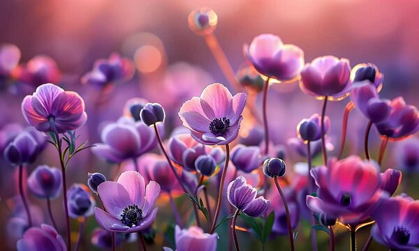 A field of delicate pink and purple Anemones, their petals glistening with morning dew in the soft light of sunrise. The background is blurred to emphasize these vibrant flowers, 