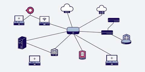 Network topology LAN objects icons depicting various hardware devices such as routers, servers, and switches for networking design, network, networking