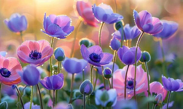A field of delicate pink and purple Anemones, their petals glistening with morning dew in the soft light of sunrise. The background is blurred to emphasize these vibrant flowers, 