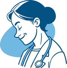 A simple, friendly icon representing a doctor’s face with a stethoscope hanging around the neck. The figure has a slight smile, with blue and white coloring for a comforting feel.
