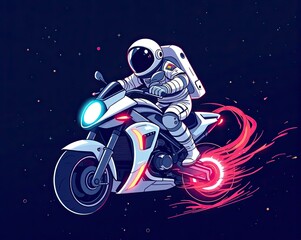 Cartoon illustration of space astronaut riding on motorcycle bike