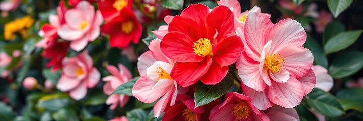 Vibrant spring camellia flowers in full bloom with vivid hues of pink, red, and white, flora, bloom