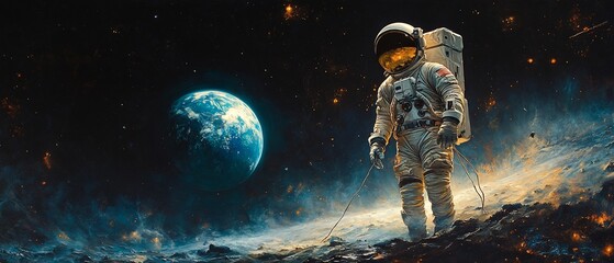 An astronaut stands on a lunar surface with Earth visible in the background.