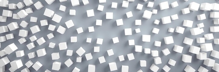 Randomly scattered white cube boxes create a modern and dynamic background banner with copy space, interlocking, digital