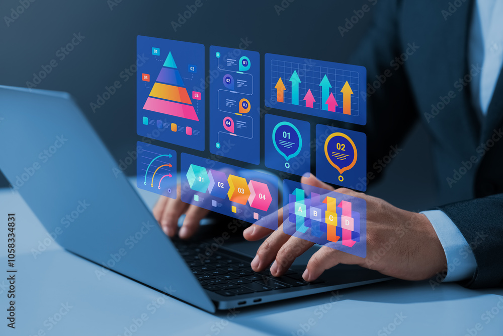 Poster businessman working on laptop analyzing business data on dashboard with charts, creating business ma