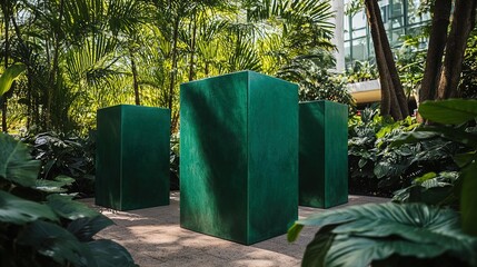 Emerald Green Sustainability: A Modern Art Installation of Blocks Amidst Lush Foliage - Perfect as a Poster for Eco-Conscious Spaces or Sports Interiors Promoting Environmental Awareness